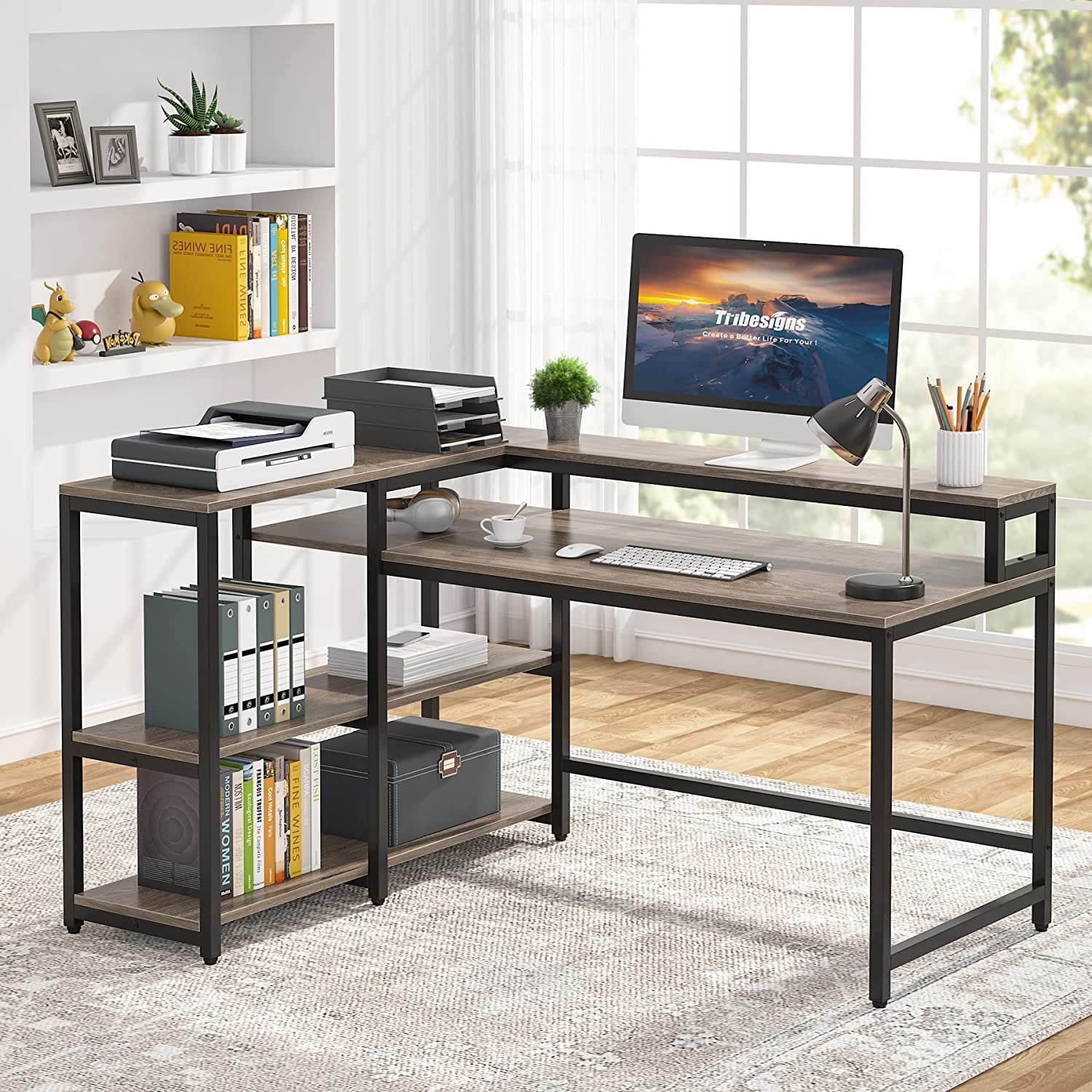 Tribesigns Reversible L Shaped Computer Desk with Storage Shelf and Monitor Stand, Black Faux Marble