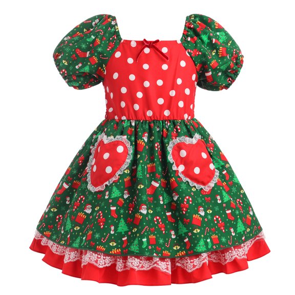 IDOPIP Toddler Baby Girls Christmas Dress Short Puff Sleeve Printed Smocked Skater Dress