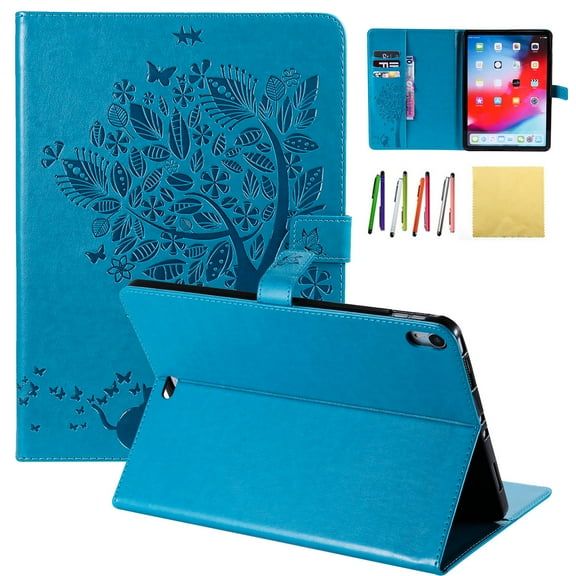 iPad Pro 11 2018 Case, Allytech Embossed Cat & Tree PU Leather Stand Folio Wallet Case Cover with Credit Card Slots for New Apple iPad Pro 11 2018, Blue