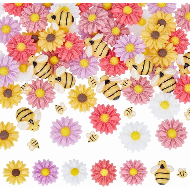 70 cabujones de resina con forma de abeja, margarita y girasol, con base plana.