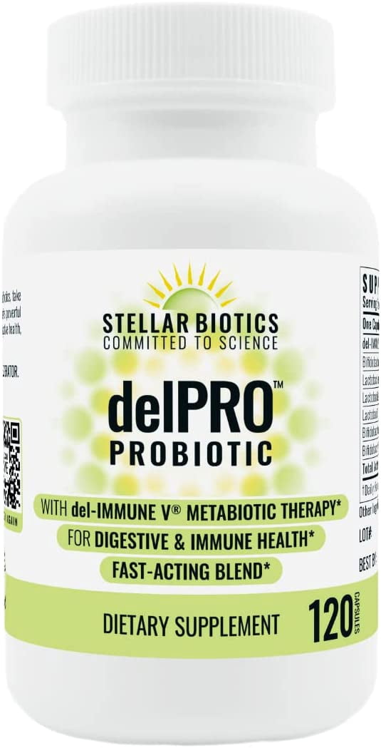 Stellar Biotics - delPRO™ PROBIOTIC (Enhanced with del-IMMUNE V®) - Powerful Probiotic & Prebiotic Blend - Promotes Optimal Gut Health & Digestion - Balances Immune System & Mood (120 Capsules)