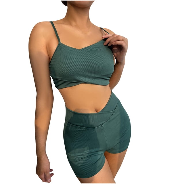 Conjunto de 2 piezas para mujer Color sólido Cintura alta Bikini Explosión Split Traje de baño Fridja nalpqowj48136