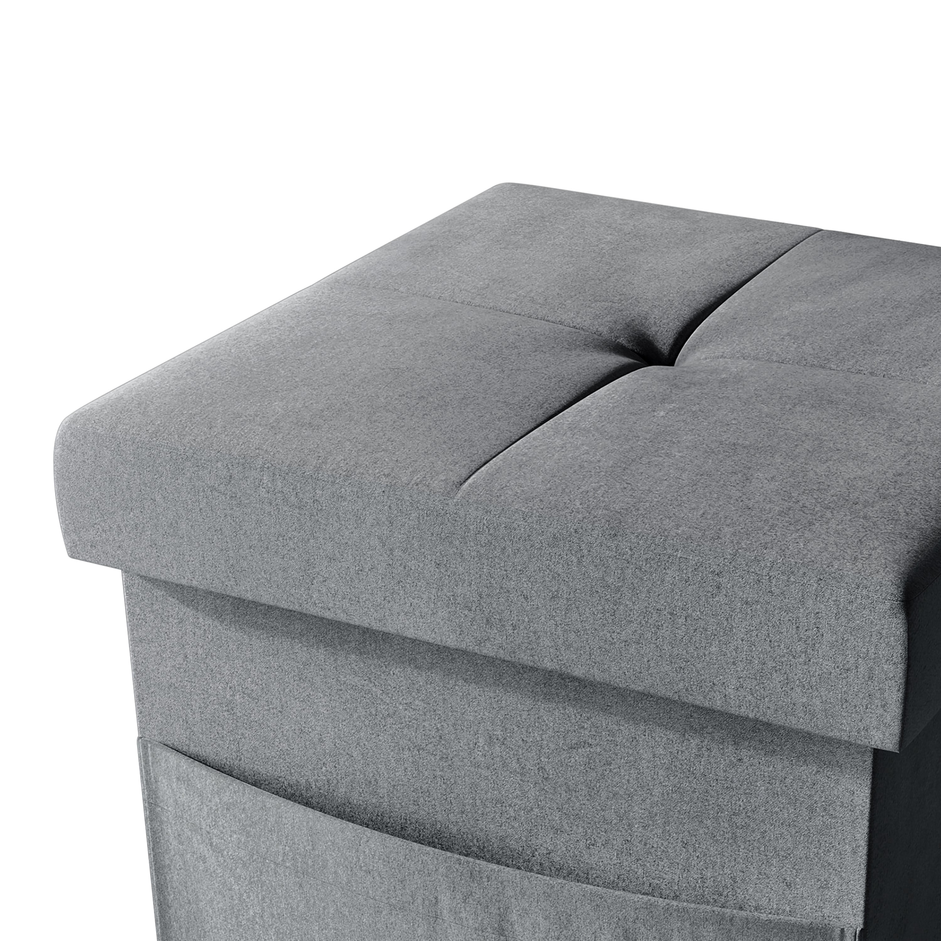 Home Design Chico 12" Tufted Upholstered Folding Storage Bench with Deep Cushion and Front Pocket, Multi-Purpose Rectangular Design for Bedroom, Entryway, or Living Room, Dark Gray