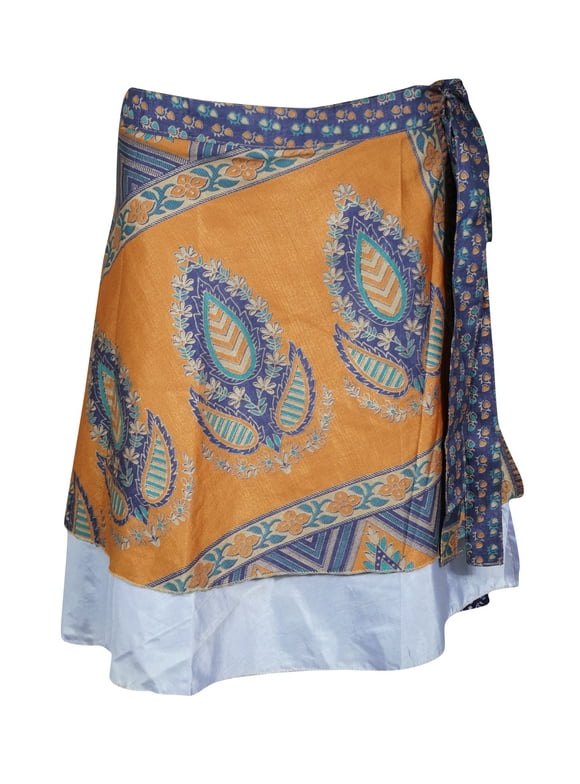 Mogul Women Blue,Orange Silk Sari 2 Layer Reversible Mini Printed Wrap Skirts