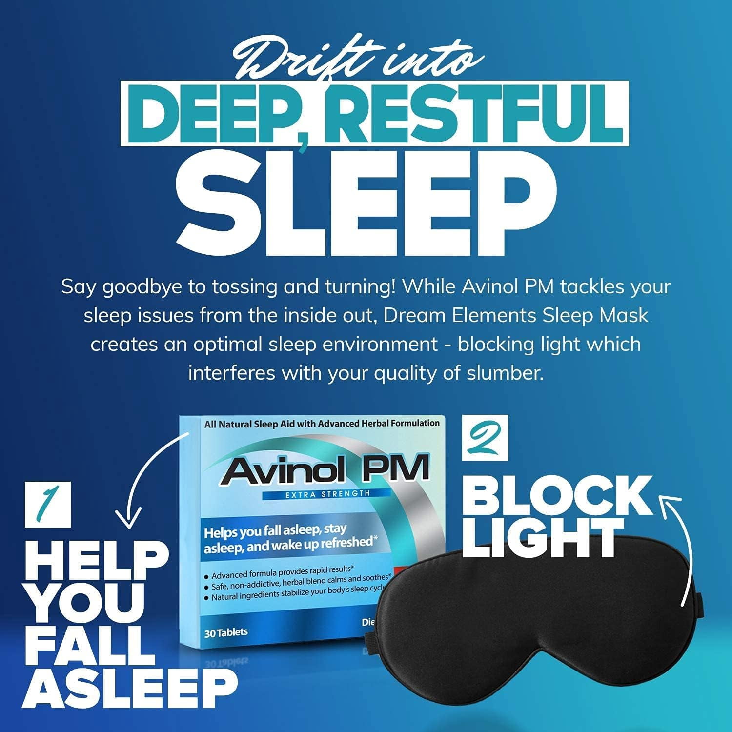Avinol PM Extra Strength and Dream Elements Sleep Mask | All-in-One Natural Sleep Aid (30 ct) - 100% Pure Mulberry Silk Eye Mask