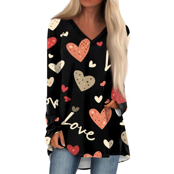 Resicozy Valentines Shirts for Women Funny Heart Printed Shirt Pullover Casual V-Neck Top Long Sleeve Tee Tops Black 3XL