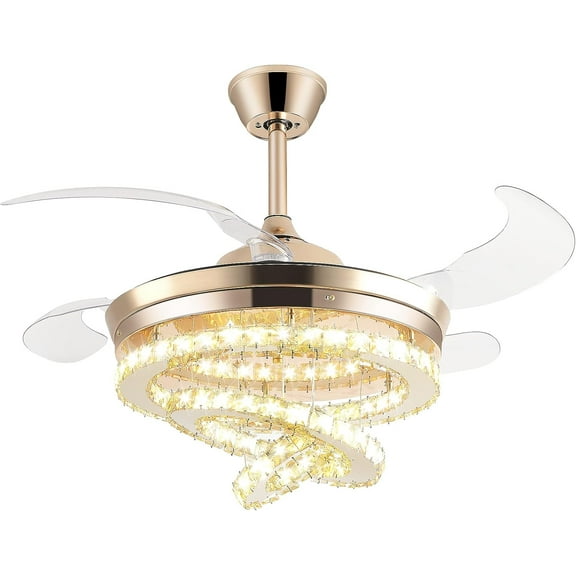 EAYSG 42" Crystal Ceiling Fan with Lights Modern Crystal Chandeliers Ceiling Fan Remote,Dimmable Fandelier Retractable Crystal Ceiling Fan,Invisible Ceiling Fan Rings LED Chandelier (Gold)