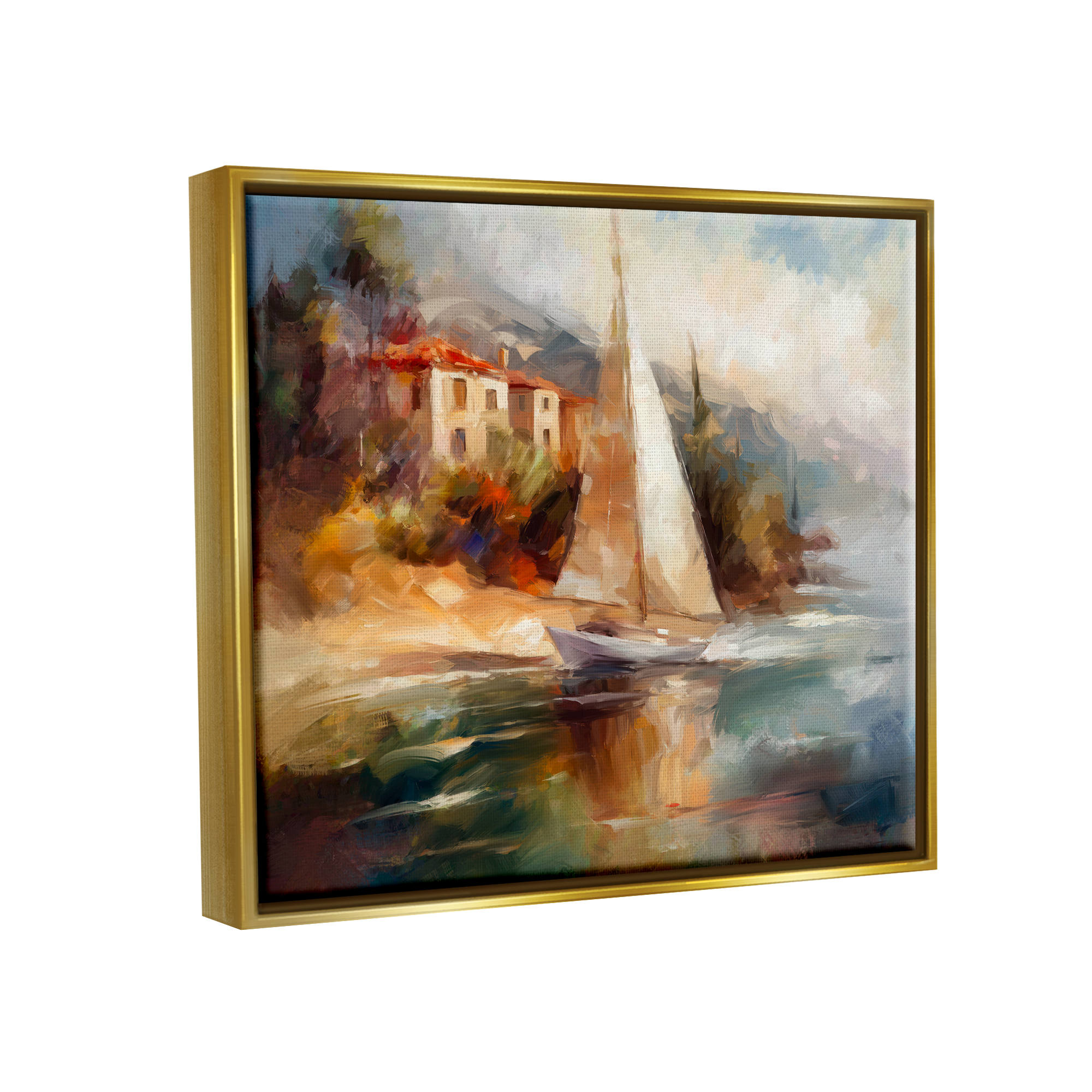 Stupell Industries Sailboat by Town Shore Transportation Painting Gold Floater Framed Art Print Wall Art, 31 x 25