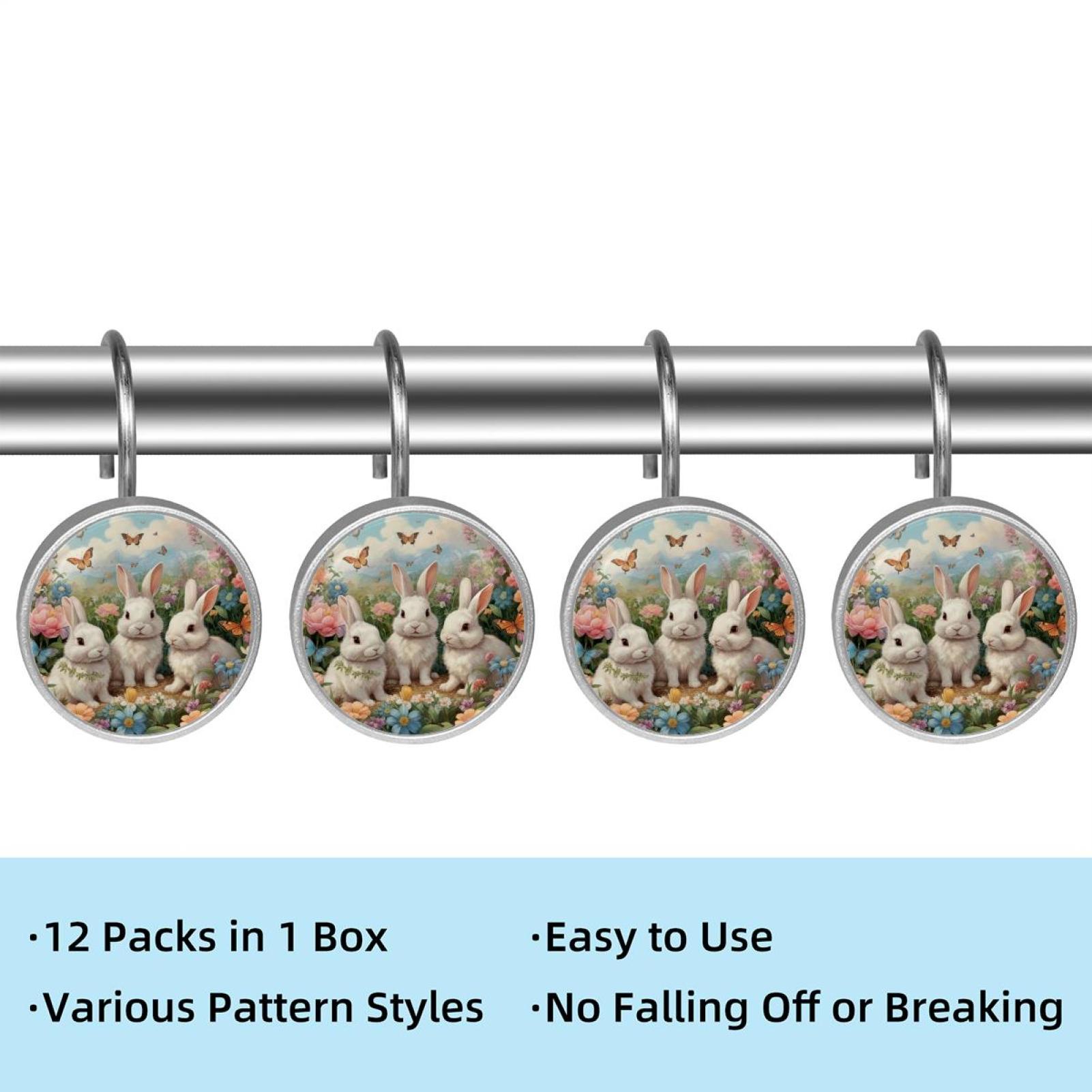 Imobaby 12 Pcs Metal Shower Curtain Hooks Rust Proof for Shower Curtain Liner - Little Rabbit Flower Cluster Gathering