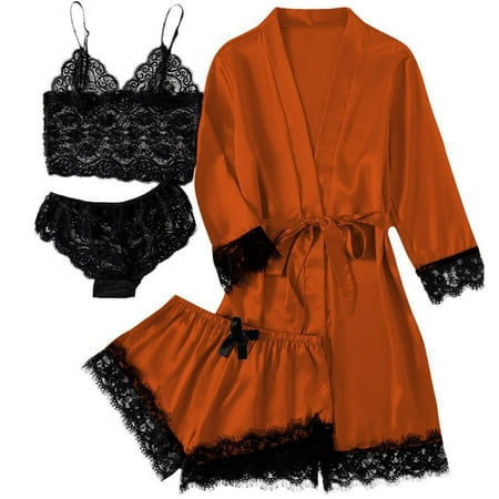 SwiftWear Orange Silk Satin Pajama Set 4pcs Sleepwear Pajamas for Women Set Floral Lace Cami Panty Shorts Set with Robe   L