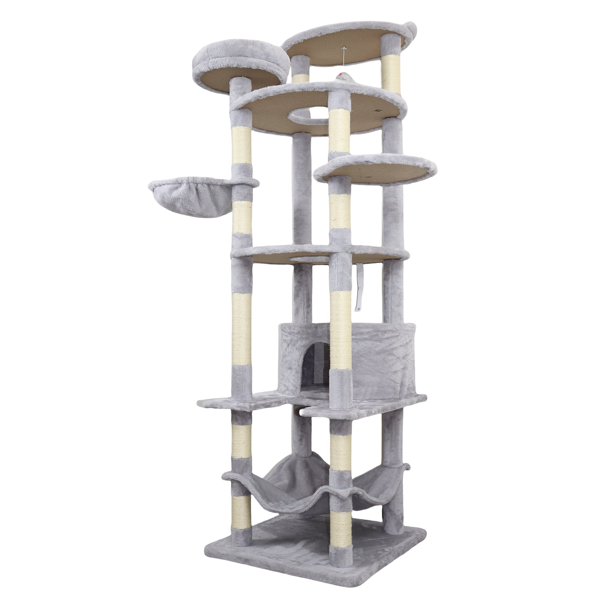 78.8-Inch Light Gray Cat Tree with 12 Scratching Posts, Large Condo, Big Hammock, and Interactive Toys for 3-4 Cats, Light Gray