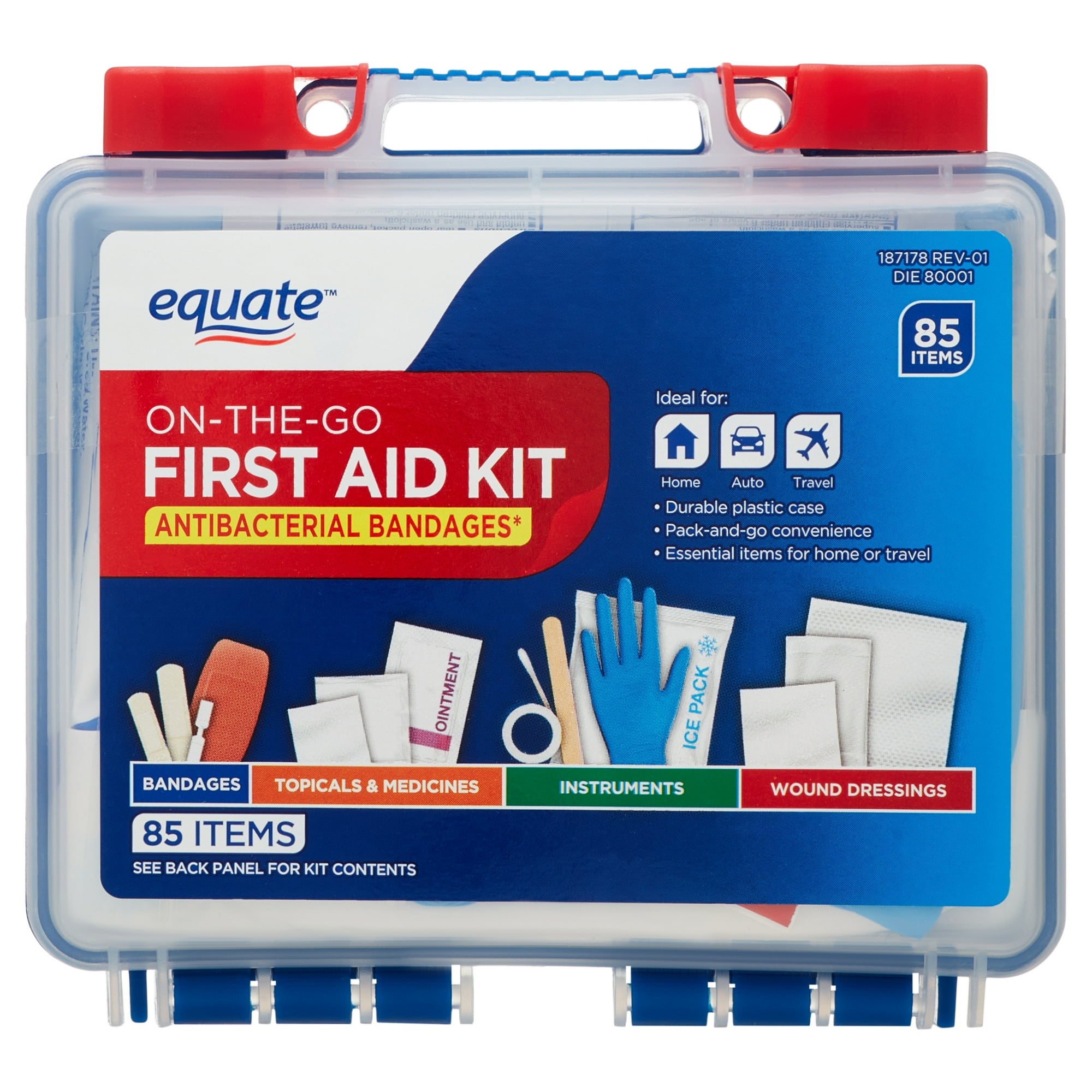 Equate On-the-Go First Aid Kit with Antibacterial Bandages, 85 Items