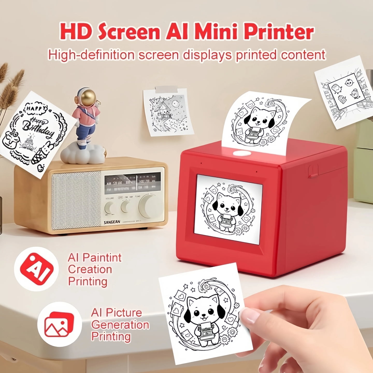 AI Mini Thermal Printer with Screen, Rechargeable Voice-to-Image Bluetooth Sticker Printer, Portable Inkless Pocket Printer for Journaling, DIY Labels, Notes & Creative Printing