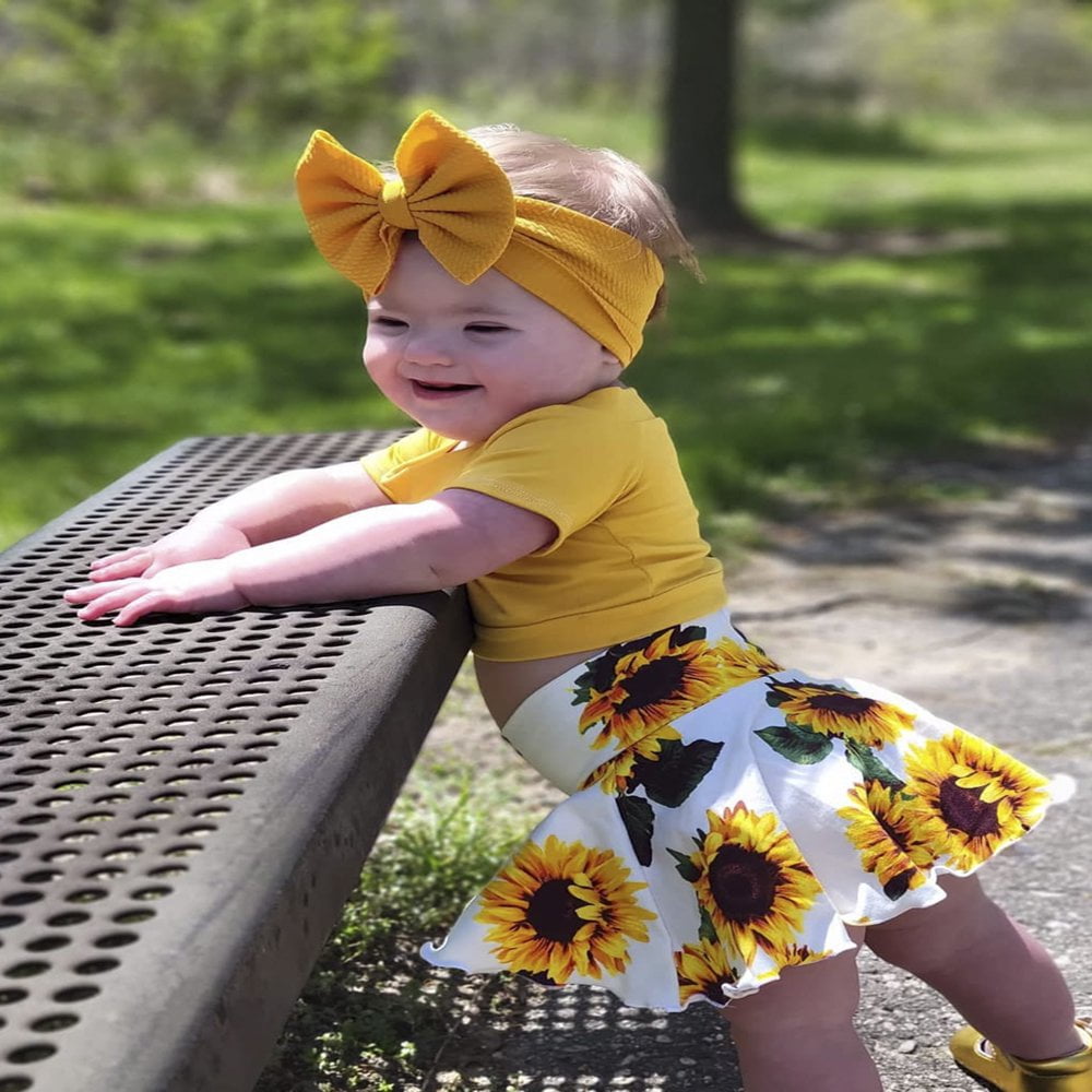 3PCS Infant Baby Girls Sunflower Outfits Short Sleeve Crop Tops Shorts Half Dress Headband Summer Set Yellow