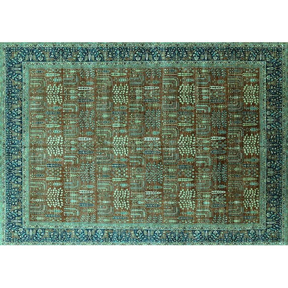 Ahgly Company Machine Washable Indoor Rectangle Oriental Turquoise Blue Industrial Area Rugs, 7' x 9'