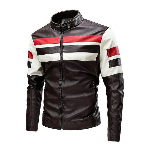 Chaqueta de cuero con cuello de color Chaqueta de moto Chaqueta de cuero fina informal de primavera y otoño para hombre