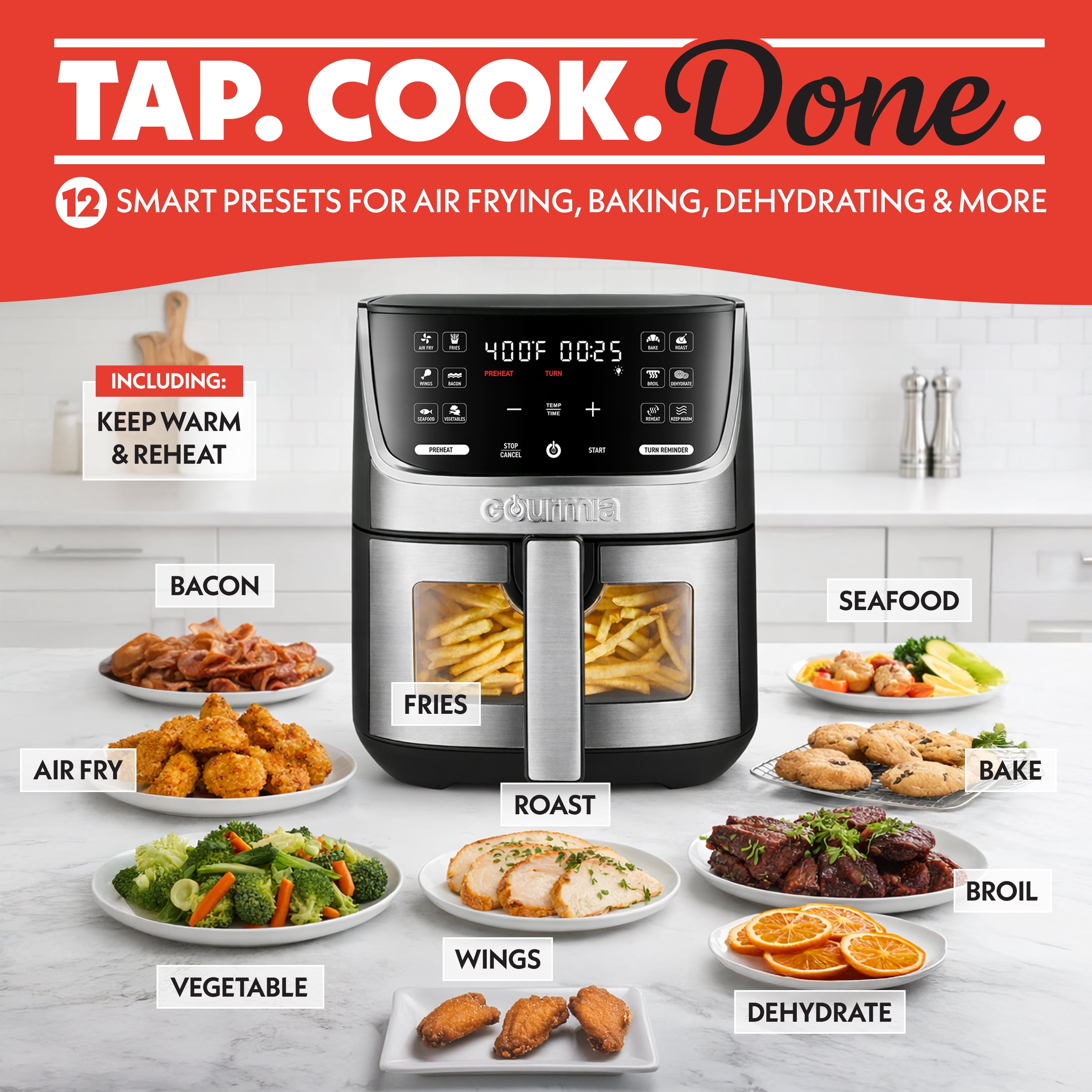 Gourmia 7 QT Digital Air Fryer with Easy View Window, 12-One Touch Presets