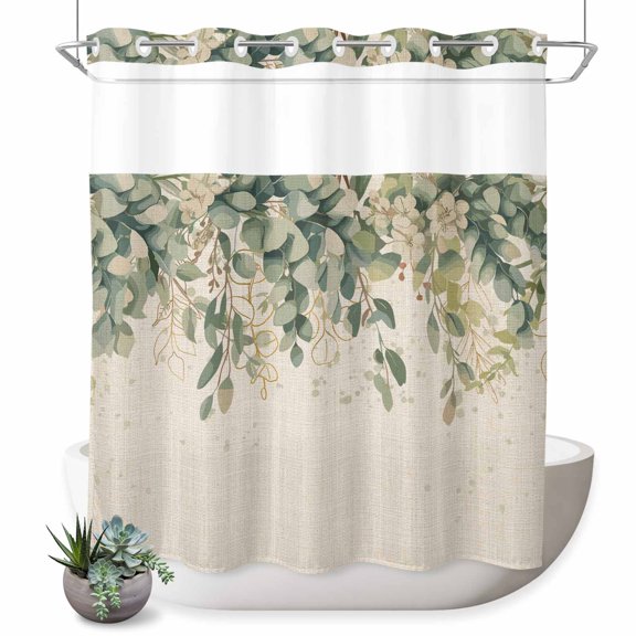No Hook Shower Curtain, Spring Eucalyptus Shower Curtains for Bathroom with See Through Top Window, Summer Botanical Leaves Beige Watercolor Waterproof & Washable Bath Curtain Standard 72"x72"