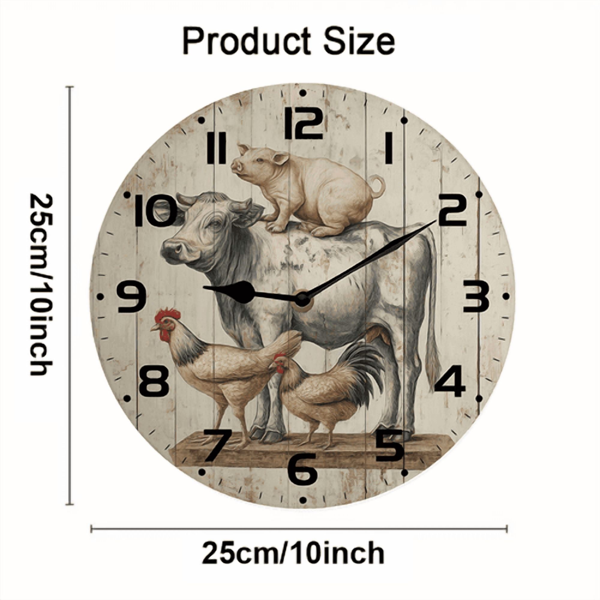 Kurmntregon Farm Animal Cow Pig And Chicken Wall Clock Wooden Silent Non Ticking Battery Operated Rustic Farmhouse Kitchen Clocks Decorative For Living Room Bedroom Office Round 10"