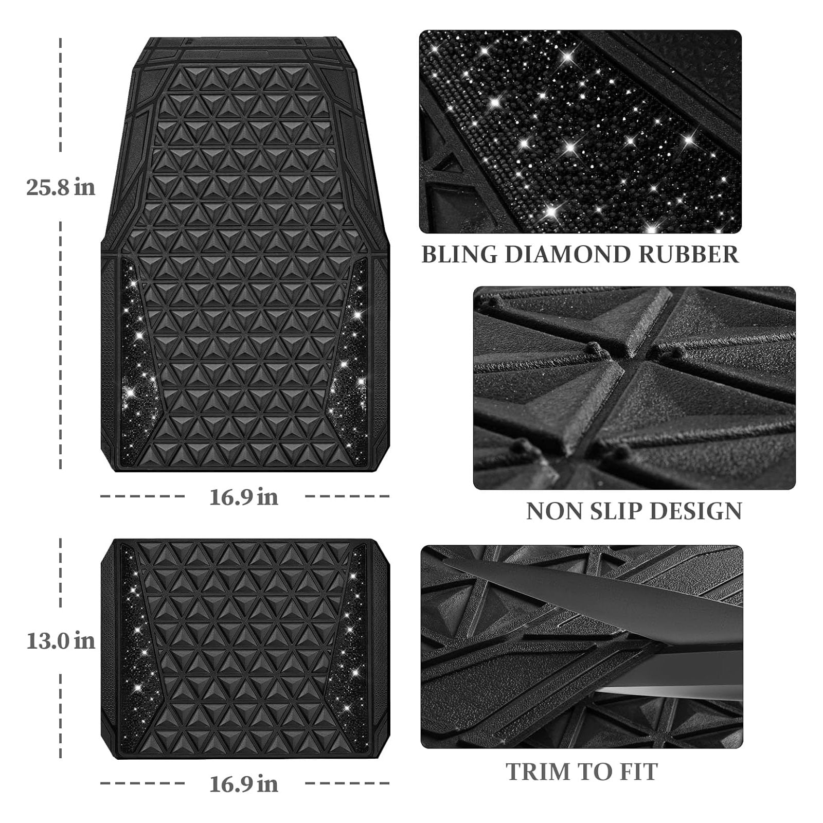 CAR GRAND Bling diamond rubble automotive floor mats full set anti-slip water proof universal fit glitter crystal sparkly shining rhinestone girl woman lady femal Black