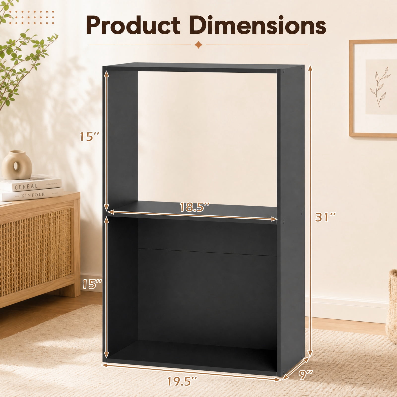 Furnibear Set of 2 3-Tier Freestanding Bookshelf with Open Storage Compartment and Display Shelf for Home Office and Study, Black