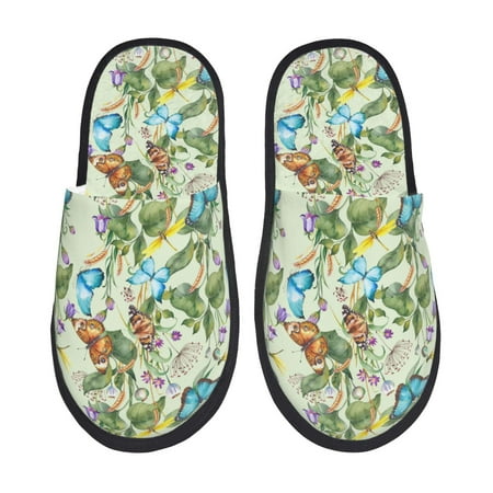 Balery Meadow Plants And Butterflies Slient Indoor Furry Fleece Comfort House Shoes Soft Non-Slip Home Shoes Cotton slippers House Slippers-- Medium