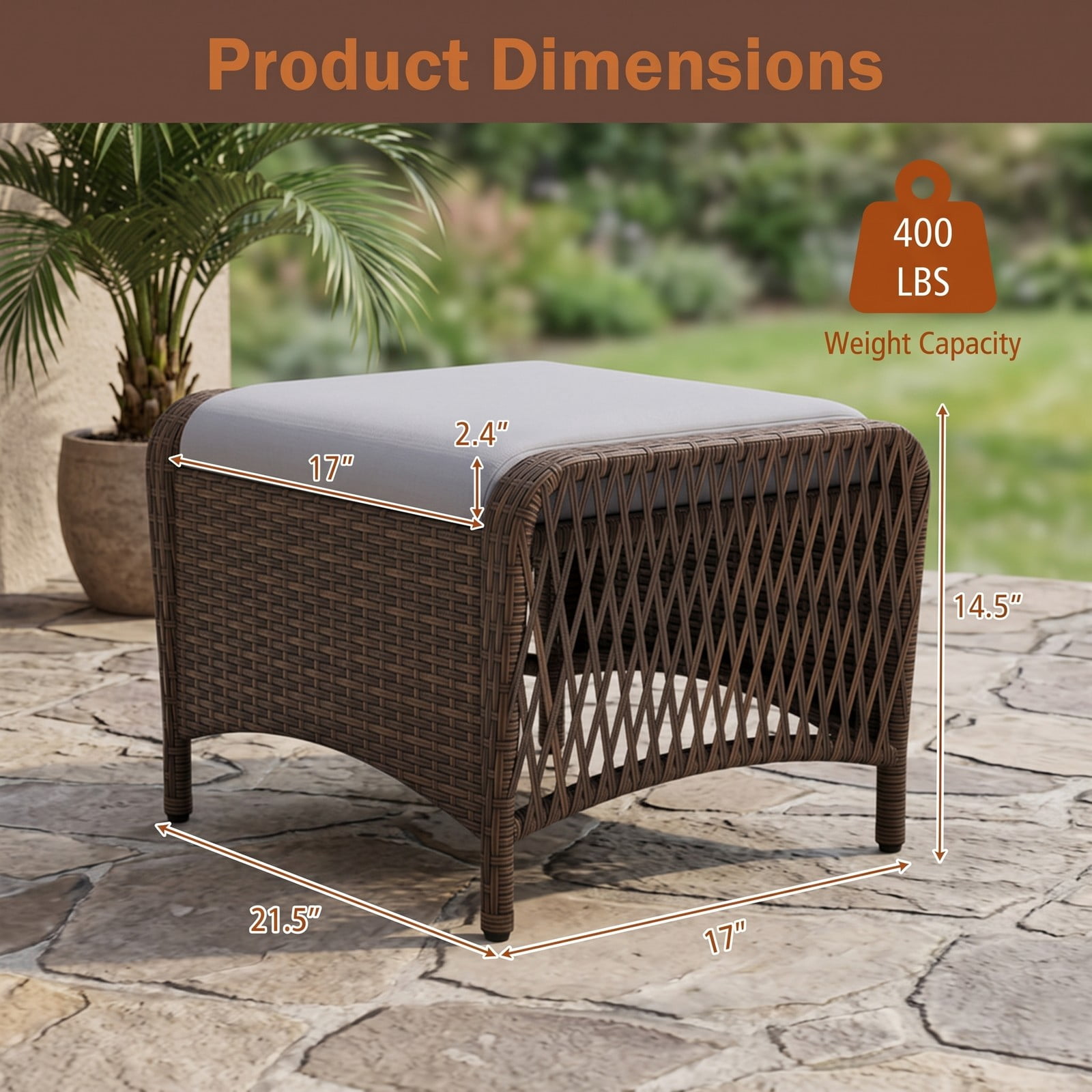 Furnibear Set of 2 Outdoor Patio PE Wicker Ottomans with Removable Cushions, Hand-Woven Rattan Footrest Extra Seat Coffee Table for Garden Porch Backyard, 400, Gray