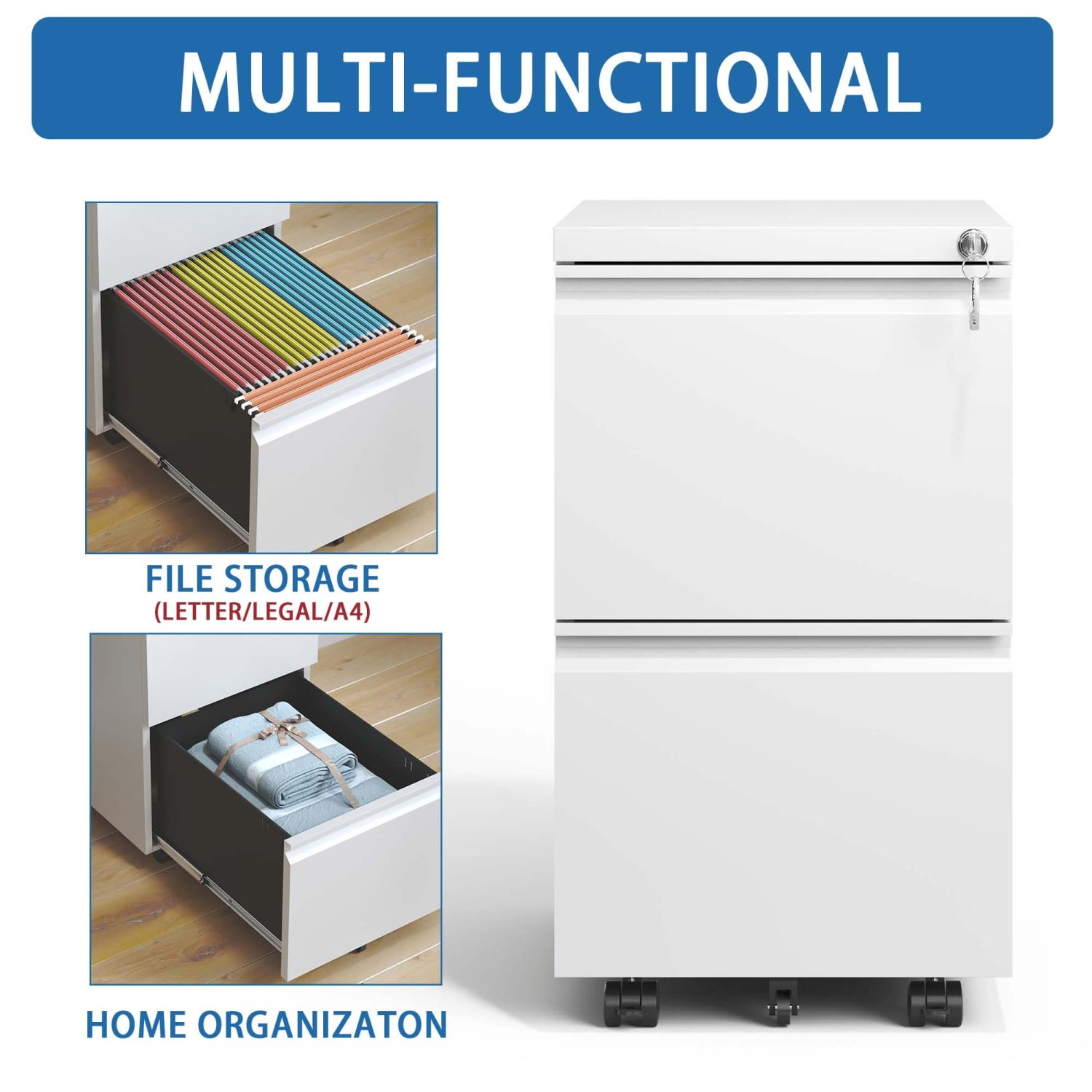 2 Drawer Metal Mobile File Cabinet, Rolling File Cabinet with Lock for Hanging Legal/Letter/A4 Size Documents