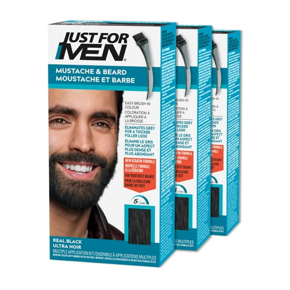 Just For Men Mustache & Beard, Beard Dye for Men with Brush Included for Easy Application, With Biotin Aloe and Coconut Oil for Healthy Facial Hair, Real Black, M-55 (3 Count), Packagi