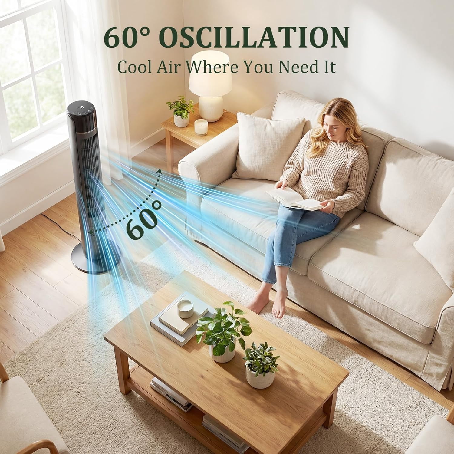 Blazezo Tower Fan With Remote, 60° Oscillating Bladeless Cooling Fan, 28dB Quiet Standing Floor Fan for Bedroom Home Office, 5 Speeds 4 Modes 12H Timer