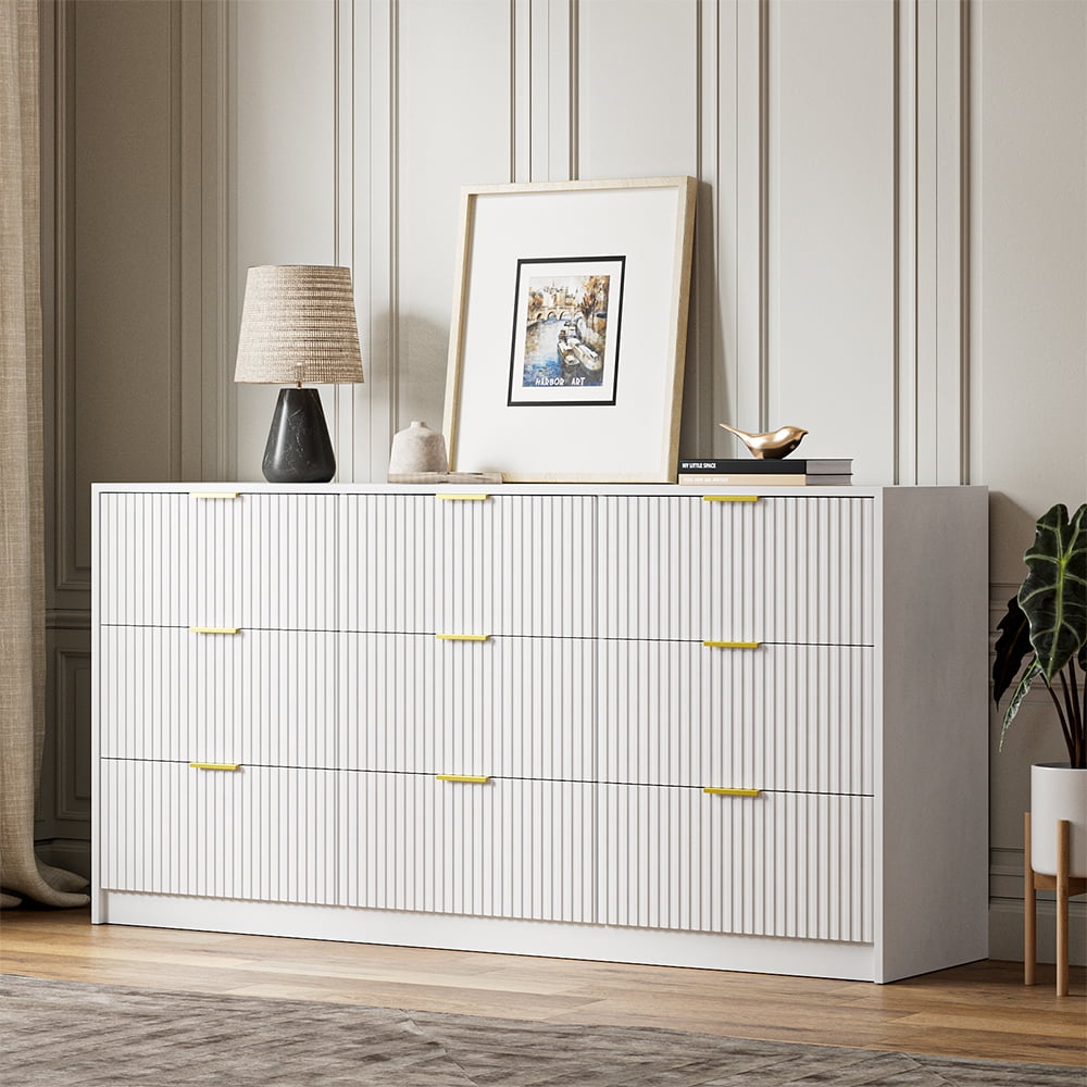Furniway Fluted Large 9-Drawer White Dresser, 63