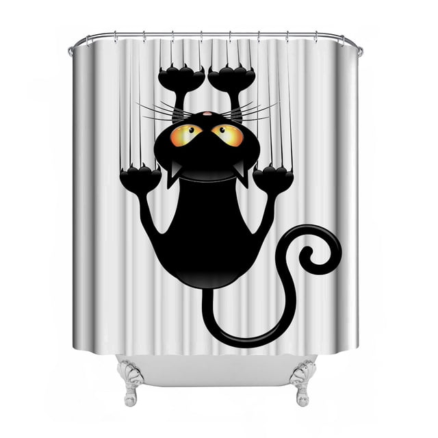 Gato travieso rascando la pared con sus patas Gráfico de gatito gracioso felino gruñón, juego de decoración de baño de tela con ganchos