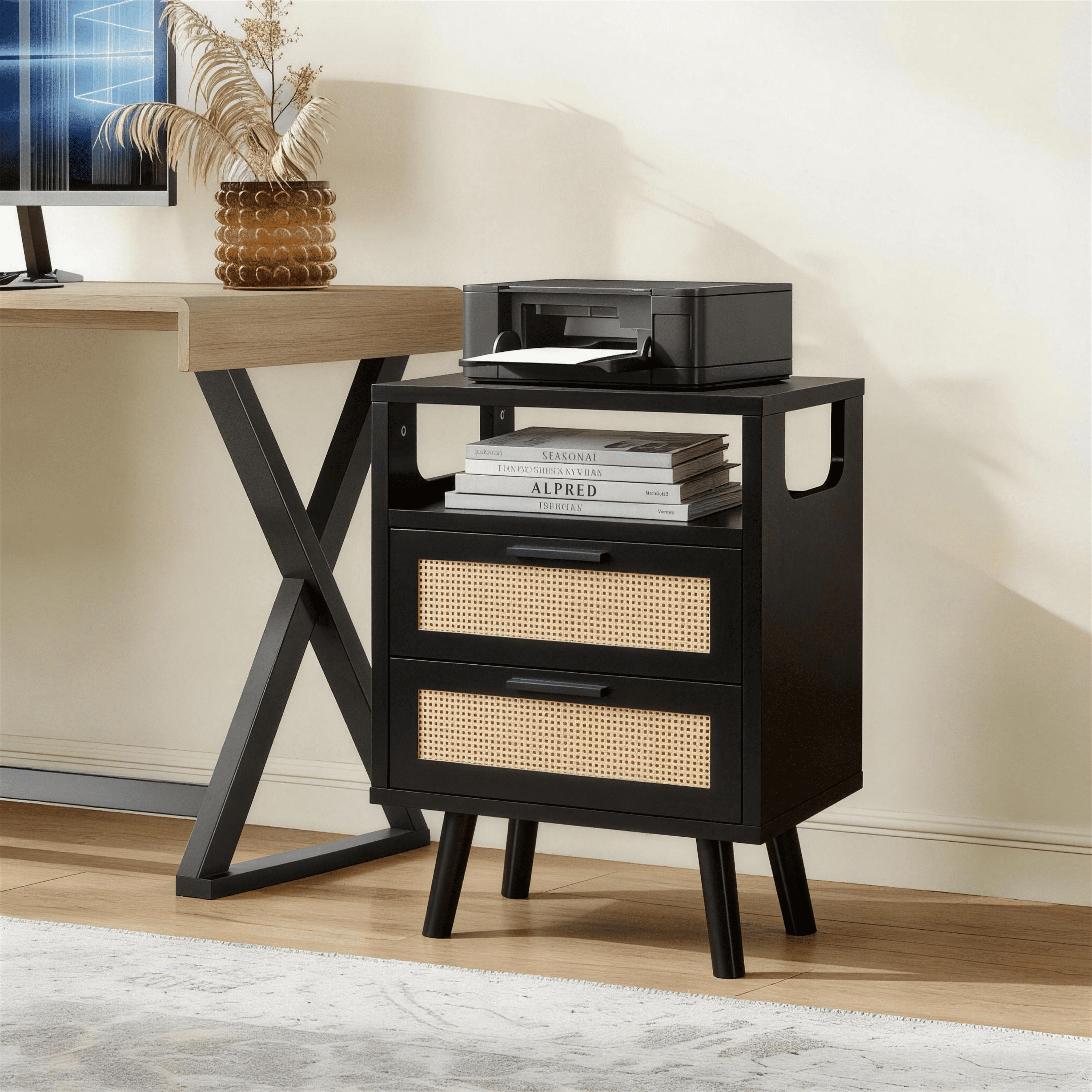 OTONIPU Rattan Nightstands Set of 2 with 2 Drawers, Modern Wood Bedside Tables with Black Handles, Black End Tables