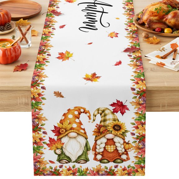 Thanksgiving Gnomes Cotton Linen Table Runner for Dining Kitchen, Fall Maple Leaves Autumn Harvest Wedding Outdoor Party Tablerunners Decoration, Dresser Scarf Coffee Tablecloth Runners 13x70 Inches