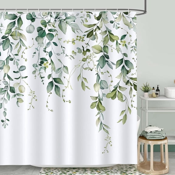 Green Eucalyptus Shower Curtain 72 x 72 Inch Watercolor Leaves Plant Decorative Bath Curtain Polyester Fabric Waterproof Bathroom Curtain with 12 Hooks