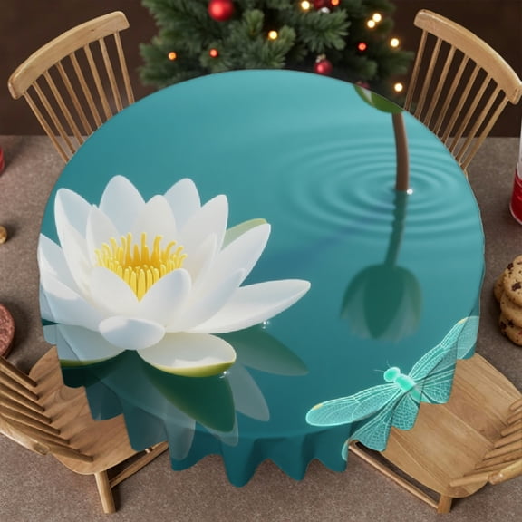 tablecloth round - Dragonfly with Water Lily Flowers(1) Print, Machine-Made Festive Table Setting Tablecloth for dining table, Cafe, picnic,60x60 Inch