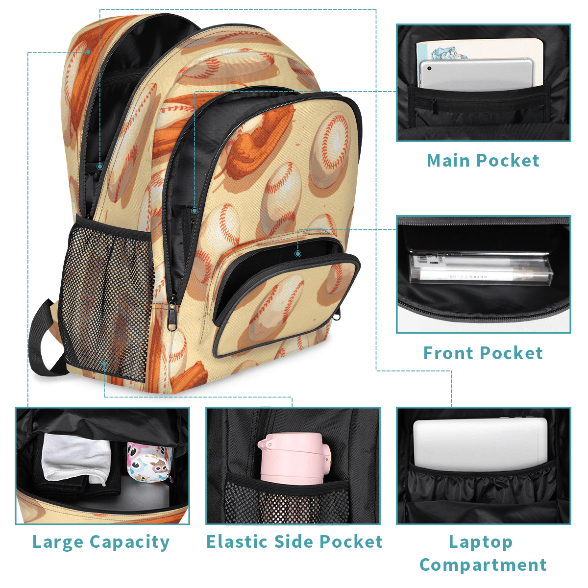 Herdesigns Baseball Laptop Backpack for Women Men, 18.3 Inch Ball Game Large Computer Backpacks Fashion Teacher Nurse Bag Casual Daypack for Work Travel
