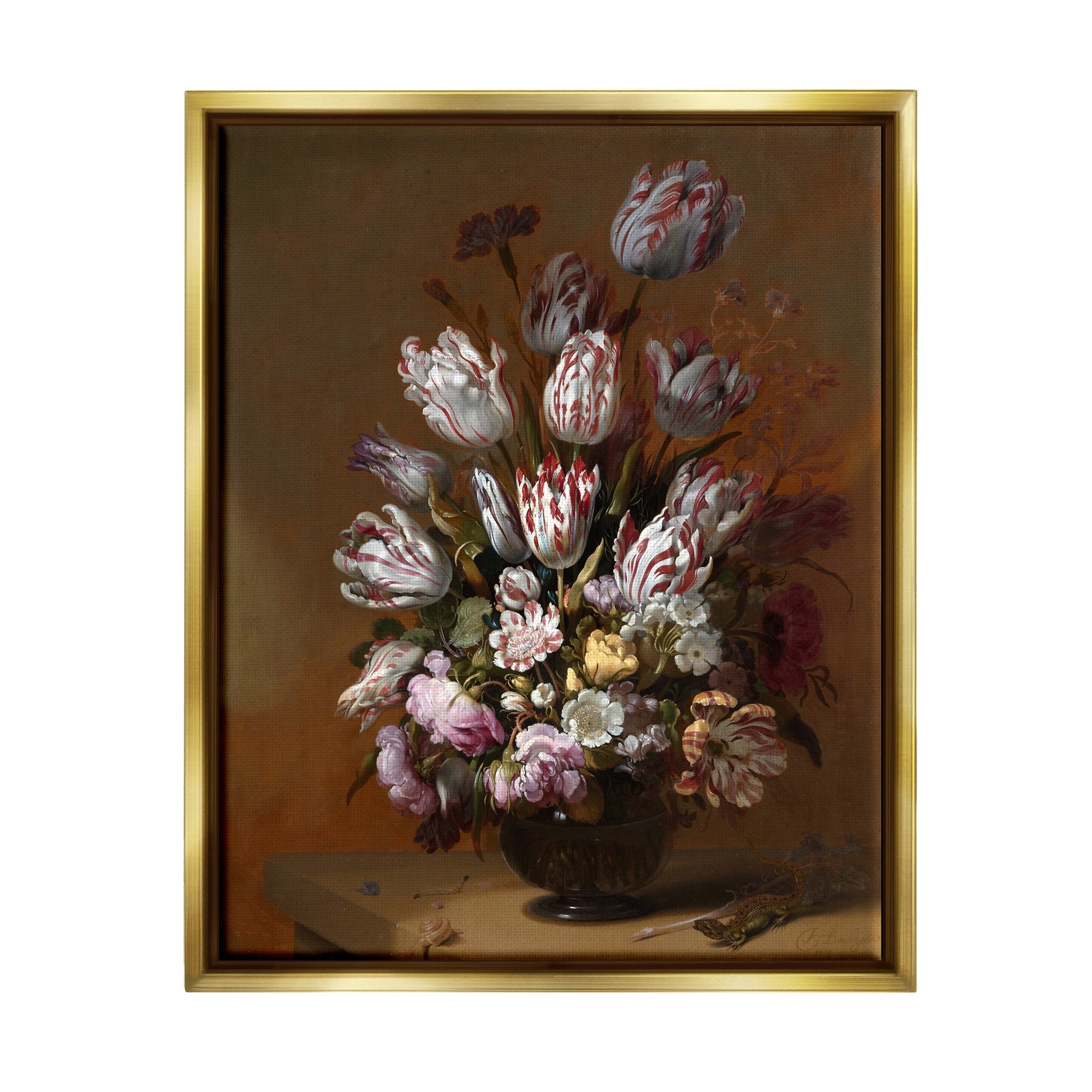 Stupell Industries Still Life with Flowers Traditional Hans Bollongier Paintings Painting Metallic Gold Floating Framed Canvas Print Wall Art, Design by one1000paintings