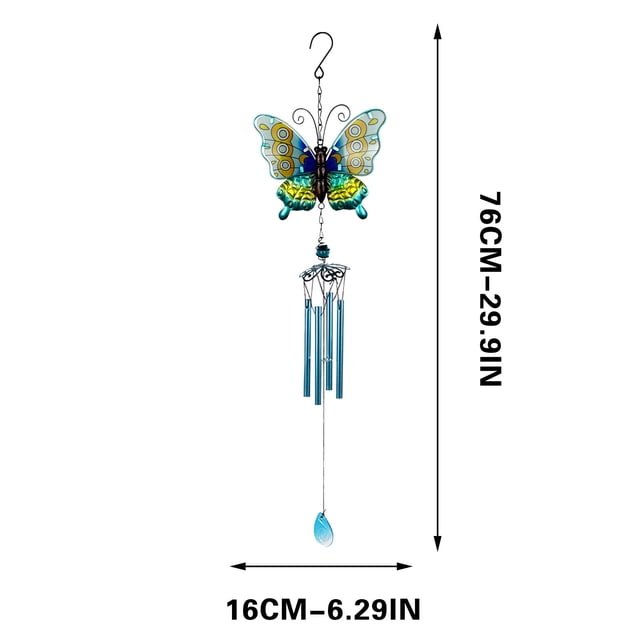 Wind Chimes Outdoor Stained Glass Metal Crafts Wind Chime, 76x16cm Hand-painted Fluttering Insect Theme Glass Wind Chimes