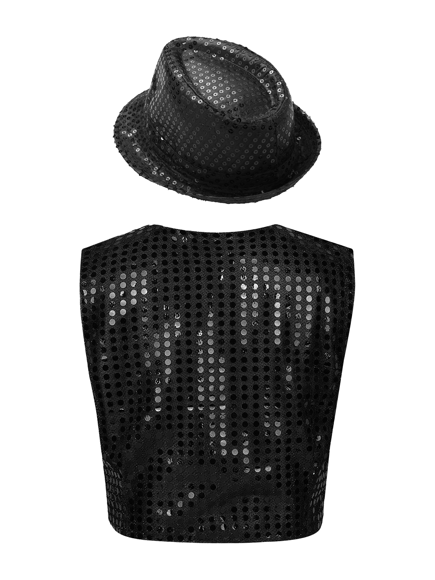 IEFIEL Kids Boys Sparkle Sequins Button Down Vest with Hat Dance Outfit Set Hip Hop Jazz Stage Performance Costume Black 13-14 - image 2 of 7
