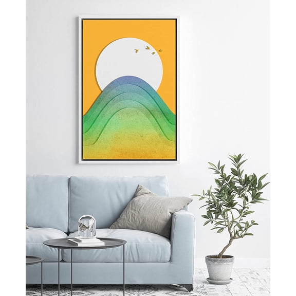 PixonSign Framed Wall Art Print Set Abstract Green and Blue Hill with Birds Geometric Wilderness Digital Art Modern Art Farmhouse/Country Boho Decor for Living Room, Bedroom - 24"x36" White