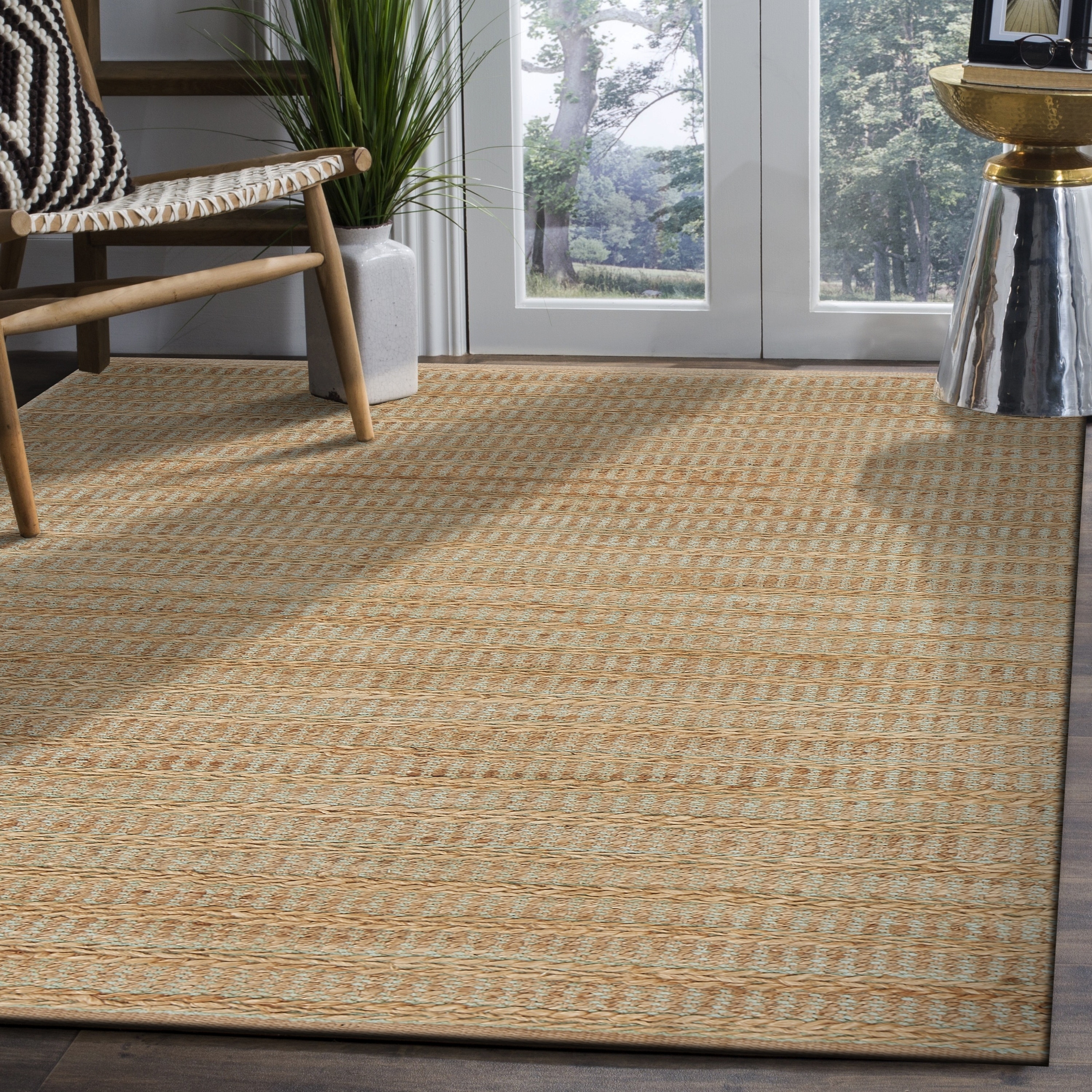 LR Home Natalie Hale Tan/Seafoam Striped Farmhouse Jute Blend Area Rug, 5' x 7'9"