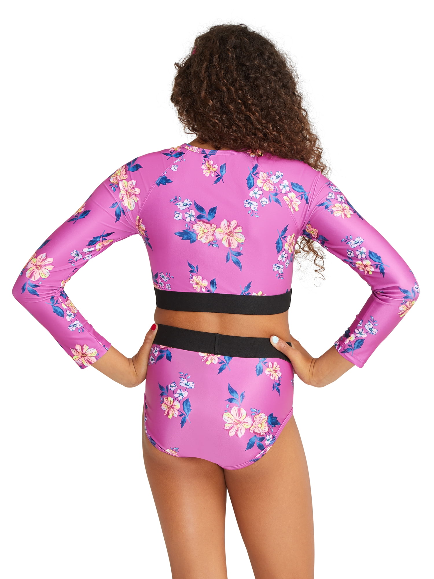 Justice Girls 2 Piece Long Sleeve Elastic Trim Floral Print Rash Guard Swimsuit, Sizes 5-18