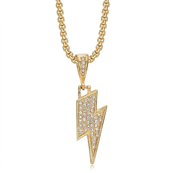 18K Gold Plated Lightning Bolt Pendant Punk Rock Stainless Steel Necklace for Men Women, 24 Inch Chain Hip Hop Jewelry Gift