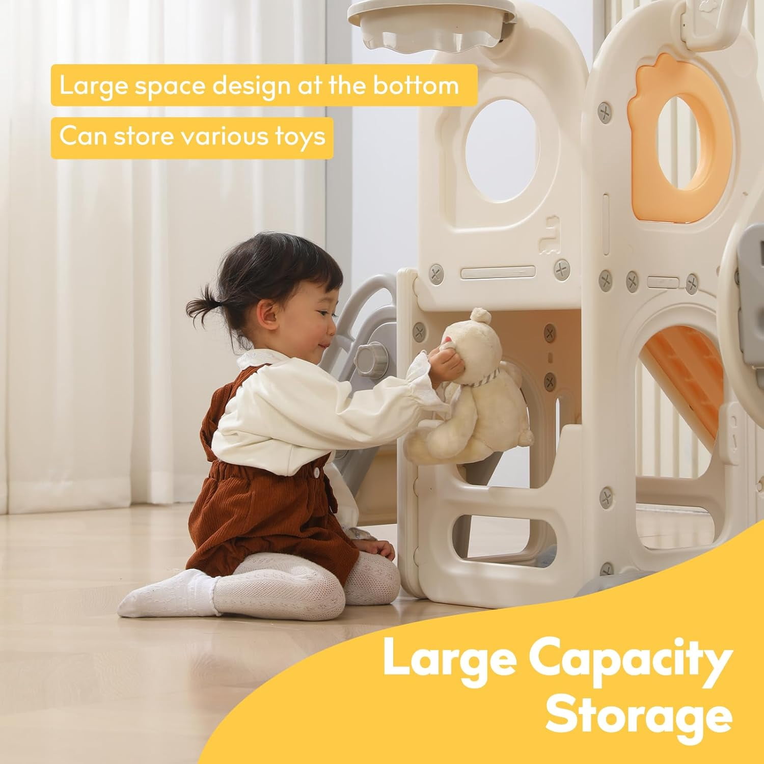 KATLAZIC Toddler Slide with Swing Set, 6-in-1 Indoor Playset for Ages 1-3, L Shaped Slide with Basketball, Baby Slide Hoop for Boys and Girls