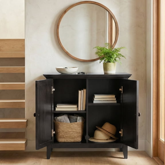 Simpli Home Amherst 32 inch Wide Solid Wood Transitional Low Storage Cabinet in Hickory Brown