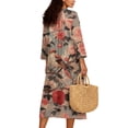 thumbnail image 2 of COEQINE Comfort Plus Size Dress 3/4 Sleeve Wrap V Neck Linen-Like Midi Tunic Dress for Women, Flowy Loose Fit Loungewear 1X 2X 3X 4X, Easy Care, Size 2XL, Vintage Floral Bird Pink, 2 of 6