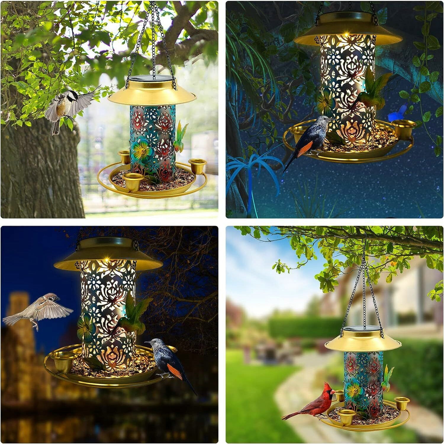 XZKING Hanging Solar Bird Feeder Outdoor Metal Waterproof Wild Bird Feeder Garden Decor
