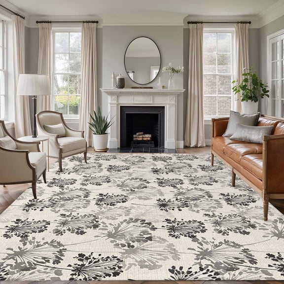 5'x7' Area Rugs for Living Room Bedroom, Vintage Floral Washable Rug Carpet Runner Indoor Outdoor, Grey Spring Dandelion Plants Flower Botanical Non Slip Floor Mats Area Rug for Kitchen, Nursery