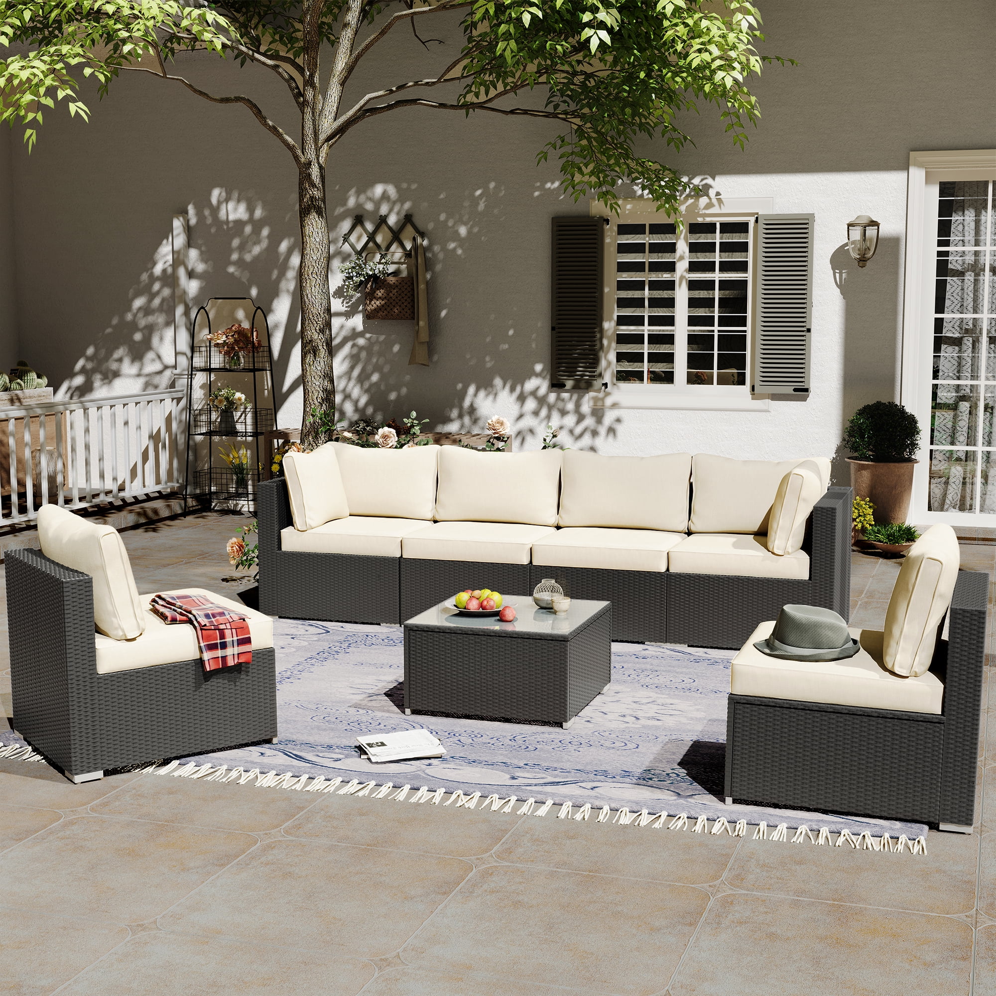 LAUSAINT HOME 7 Pieces Outdoor Furniture Set, Patio Sectional Conversation Set with 6 Chairs and 1 Coffee Table, Beige Cushions